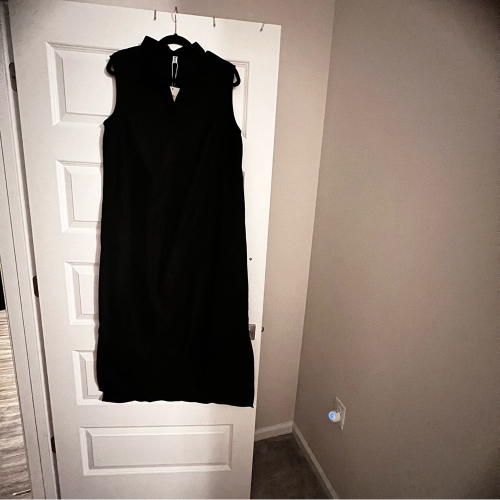 Minimalist Black SZ L Sleeveless Column Dress w/ Stand Collar, Side Slits.